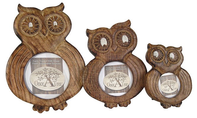 Mango Wood Ollie Owl Design Set Of 3 Photo Frames